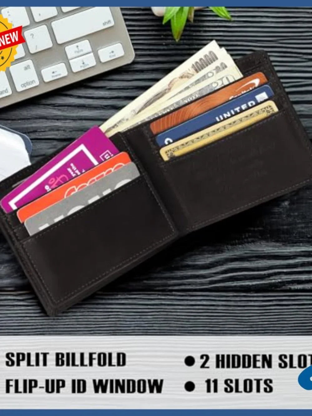 Slim RFID Blocking Leather Bifold Wallet, 11 Card Slots, ID Window, Gift